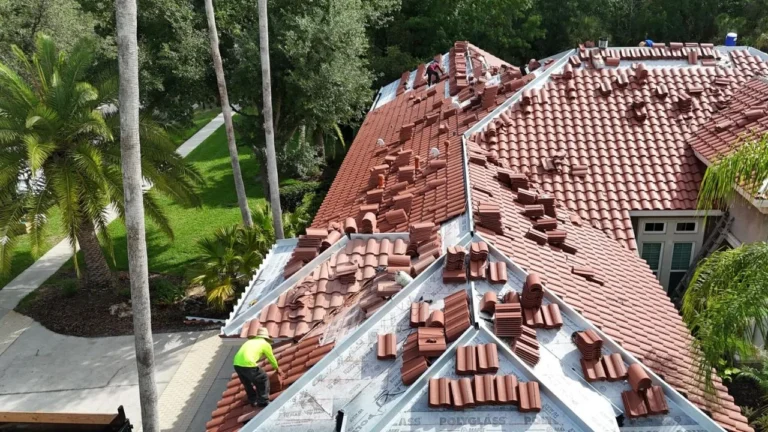A tiles roof being torn off